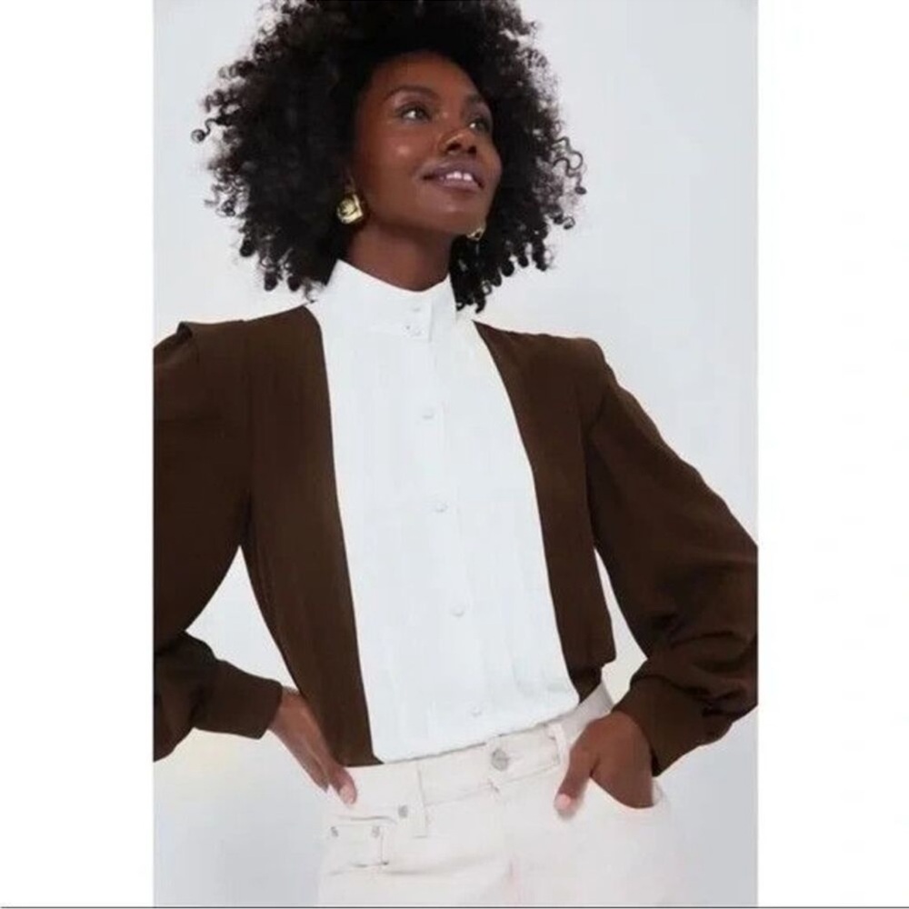 Tuckernuck X India Hicks Chocolate Brown and Cream Blouse xs 4 oversized - Picture 8 of 10